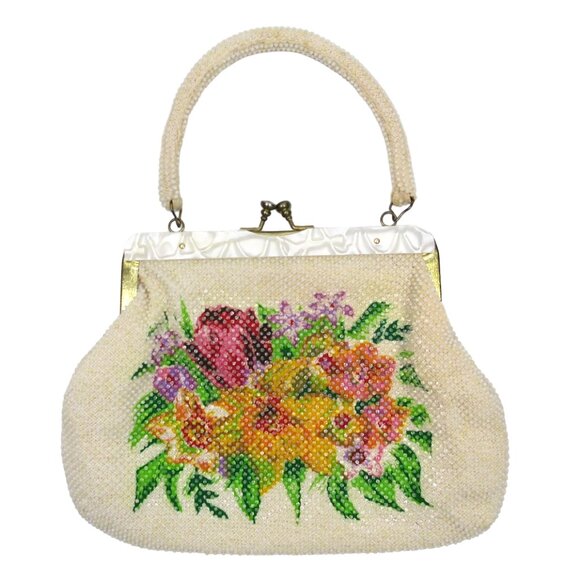 Vtg 1960s Mid Century Floral Beaded & Lucite Trim Handbag - Picture 4 of 6